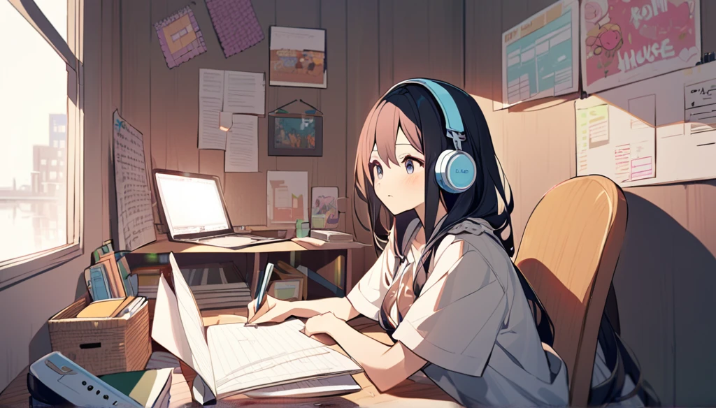 A cute girl is studying on her notebook in her room while wearing headphones。The room is messy and the entire desk is visible。Madhouse-like colors、A touch like Makoto Shinkai
