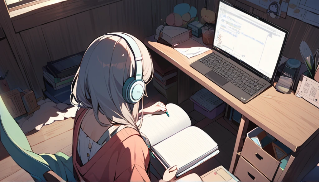 A cute girl is studying on her notebook in her room while wearing headphones。The room is messy and the entire desk is visible。Madhouse-like colors、A touch like Makoto Shinkai