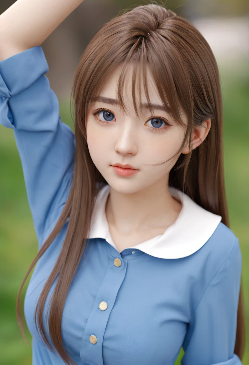 Anime girl with long hair and blue shirt poses for photos, Realistic anime 3D 风格, 3D animation realistic, Realistic anime, Realistic anime girl render, Smooth anime CG art, Anime styled 3d, Realistic anime艺术风格, Anime realism style, Anime style. 8K, Realistic young anime girl, Rendering a cute 3D anime girl