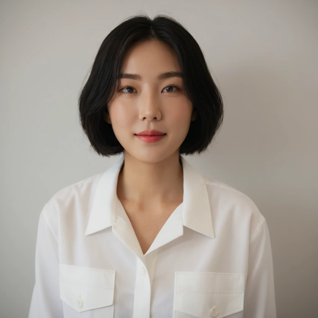 Best Quality, 8k, Masterpiece, (Portrait: 1.3), (photo realistic:1.4), (hyper realistic:1.4), Sharp Focus, looking at viewer, (smoother lighting:1.1), (increase cinematic lighting quality:0.9), realistic lighting, backlighting, light on face, ray trace, (brightening light:1.2), (Increase quality:1.4), sharp detail, (best quality real texture skin:1.4), finely detailed eyes, black_eyes, finely detailed face, 25 year old Korean woman, (white formal_shirt:1.4), (Create an image maintaining the original base model hairstyle:1.5),smiling_face