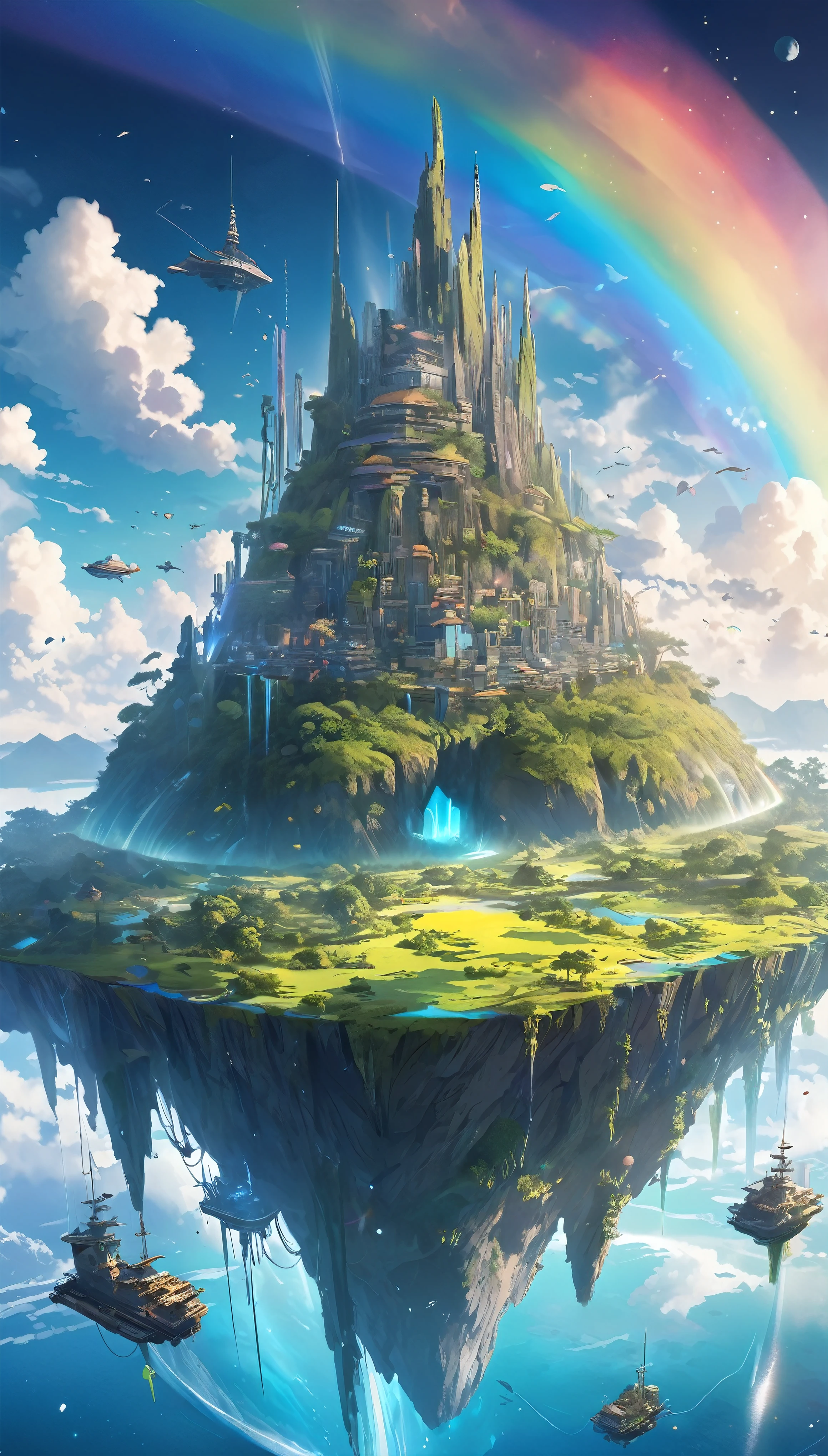A mysterious island floating in space, Ancient ruins overgrown with vegetation in a dreary landscape, Decayed remains of modern machinery, Mystery of holographic sunlight, A fantastic mist rolls in, BREAK Remnants of a civilization that transcends the truth of the universe, Out-of-place artifacts that still shine, Metal with a fantastic rainbow-colored glossy reflection, A detailed and intricate decaying android, BREAK A detailed and complex city stands at the center, Exquisite and dense plant life grows throughout the island, BREAK A seamless fusion of nature photography and cyberpunk city, The ultimate aesthetic center of the island, An ancient city unleashing the arts, BREAK A cosmic space with a fantastic rainbow blend of holographic reflections for an aesthetically pleasing effect, BREAK A highly detailed and complex mystery, A mysterious island floating in the galaxy, BREAK Transparent space background, Fantastic rainbow-colored diffuse reflection, no gravity, A dramatic depiction that emphasizes the presence of a mysterious island, Dynamic composition, 