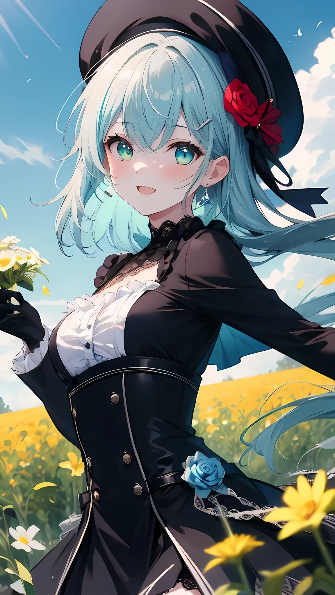 (8K, best quality, master piece: 1.3),super high resolution,1 girl, solo, cowboy shot ,ultra-detailed face, silme, (ash hair), thin hair clip, cyan colorshift eyes, expressive eyes, Ecstatic expression, Victorian-style dress, lace, satin, black, red, hat, gloves, In the flower field, colorful, green, blue sky, bright and vivid