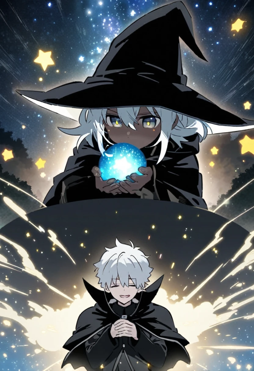 Dark black color skin 2d anime guy with silver hair, wearing a black wizard hat and black cape, magic coming out of his hands, under starry night sky