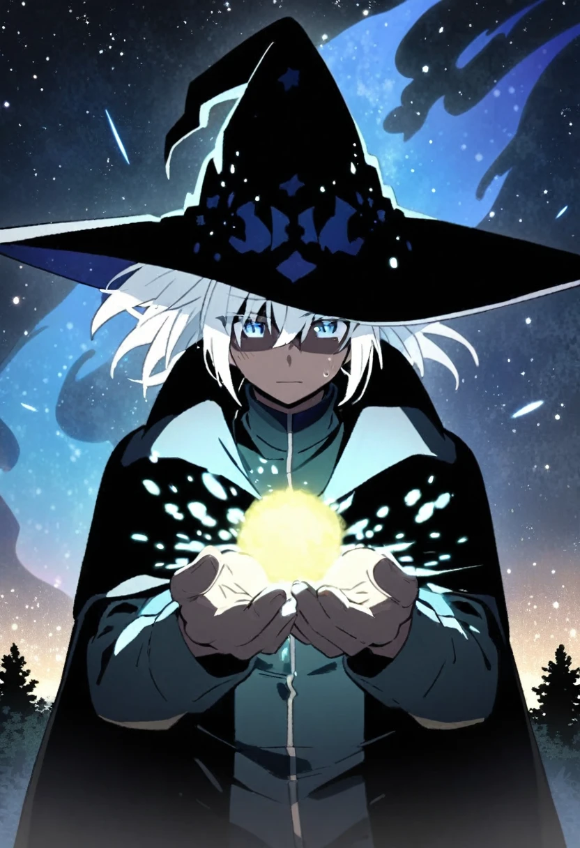 Dark black color skin 2d anime guy with silver hair, wearing a black wizard hat and black cape, magic coming out of his hands, under starry night sky