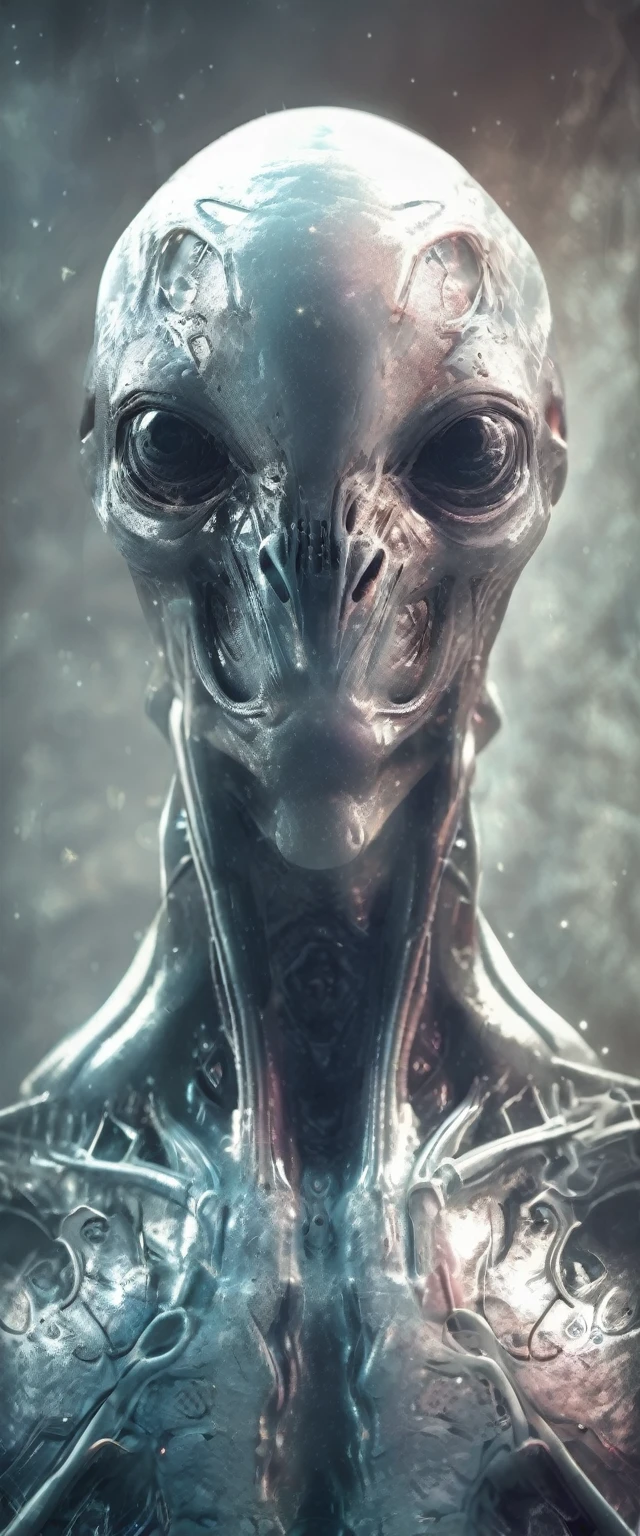 Ghostly portrait of a futuristic alien from another dimension creator of the universe with powerful ancient magic and supernatural powers from an unknown dimension
