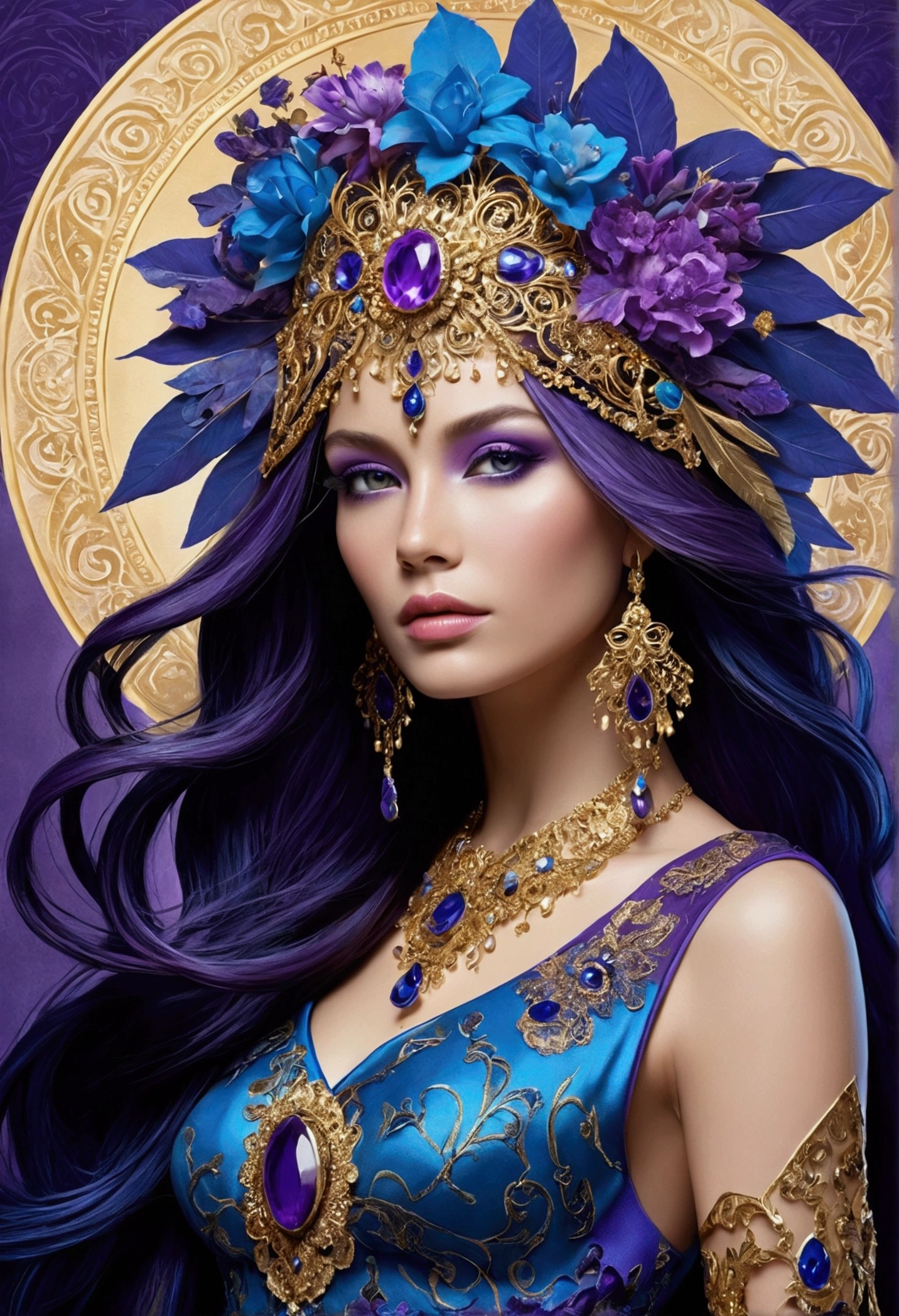 Create an image of a beautiful woman with long, flowing hair in shades of blue and purple, adorned with an intricate, ornate headdress made of gold, lace, and flowers. Her attire is elegant, with detailed patterns and blue gemstones. The background is a mix of dark and light elements, adding depth and a sense of mystique to the image. The style should be a blend of fantasy and realism, with vibrant colors and meticulous attention to detail.