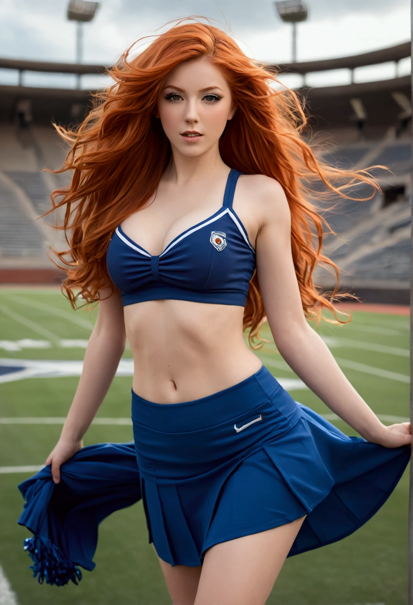 ultra realistic, photography, long red hair, girl, 24 years old, hourglass figure, perfect body, Flirty look, extremely detailed artgerm, in the style artgerm, small breasts, facing the camera, lens 35 mm, blur background, in a stadium, wearing a cheerleader outfit, windy, skirt gets blown up from below, wind under skirt, strong wind, skirt blows up with a strong wind, wind blows up skirt, she is walking towards the camera, her hips are swinging