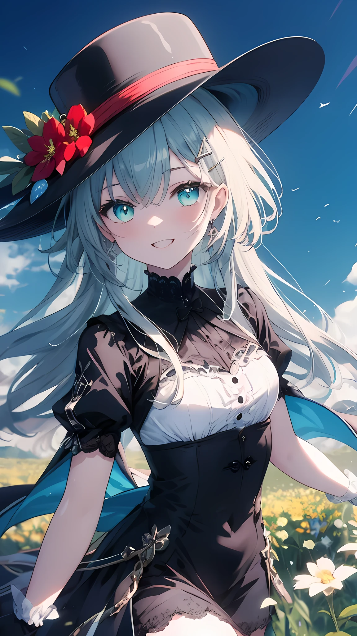 (8K, best quality, master piece: 1.3),super high resolution,1 girl, solo, cowboy shot ,ultra-detailed face, silme, (ash hair), thin hair clip, cyan colorshift eyes, expressive eyes, Ecstatic expression, Victorian-style dress, lace, satin, black, red, hat, gloves, In the flower field, colorful, green, blue sky, bright and vivid