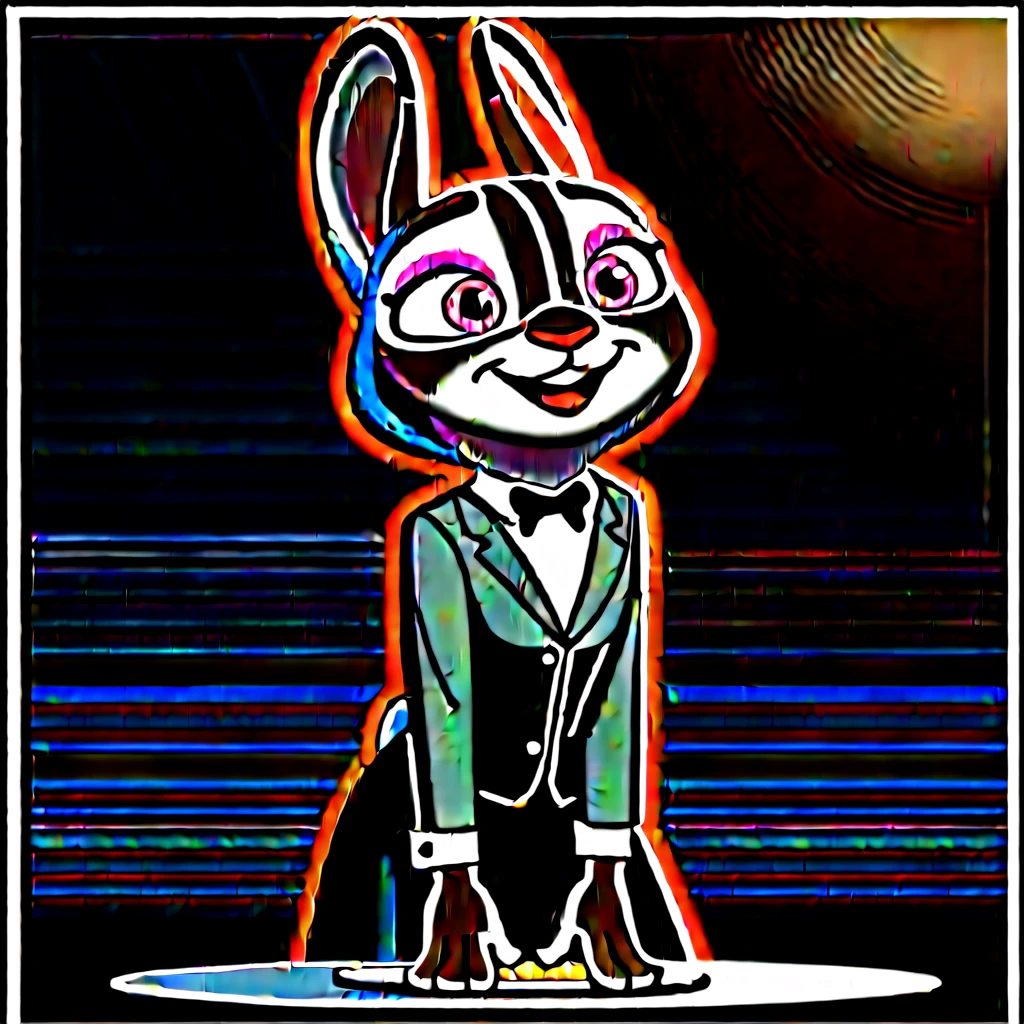 judyhopps, purple eyes, rabbit, rabbit ears, rabbit girl, (((black skirt suit))), (((tuxedo))), (((three-piece suit))), (((dress shirt))), (((black bowtie))), (((black blazer))), (((dinner jacket))), ((waistcoat)), double-breasted waistcoat, (((satin bodycon miniskirt))), pocket square, cufflinks, makeup, eyeshadow, mascara, eyeliner, sultry, blowjob, fellatio, deepthroat, facefuck, oral sex, high heels, cum on face, male tiger, size difference, short, squatting, bukkake, multiple penises, blowbang, cum covered, messy, cum on clothes, smile