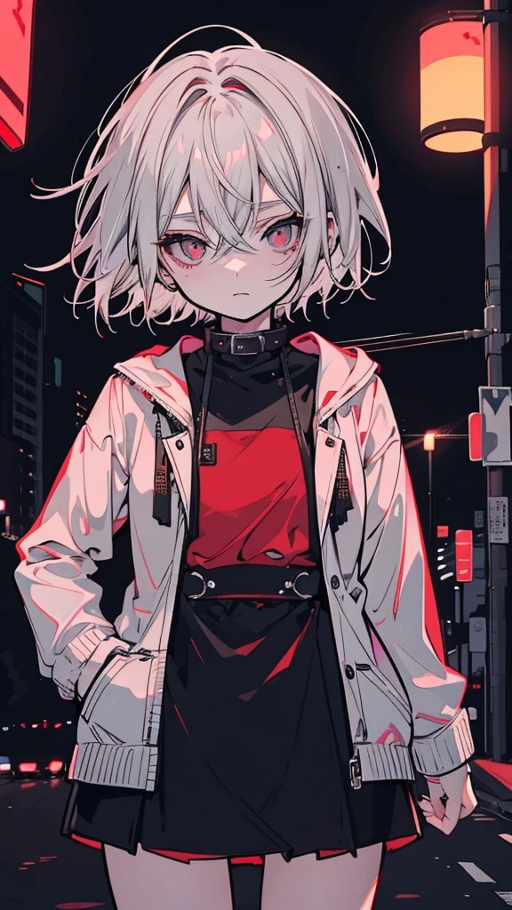 a picture of a women 20 years old short white hair standing in front of a red light, Candid Photography, Gray-haired deity, Gap Moe Yandere grimdark, dynamic poses, Gray-haired girl, Crushing Despair, Flowing white hair, short Hair Anime Girl, perfect Gray-haired girl