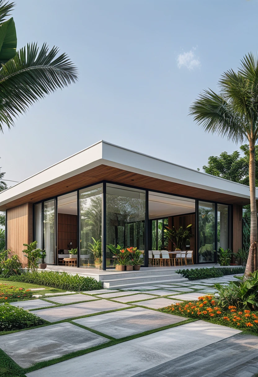 A hyper-realistic , a modern one-story house with a minimalist design, (very small house: 1.2) ,((with a facade less than 4 meters wide:1.2)), white and glass materials, wood,  The house has a flat roof, large floor-to-ceiling glass windows, The garden includes various tropical plants and trees. (house as the showroom mini furniture:1.2), front view, elevation view