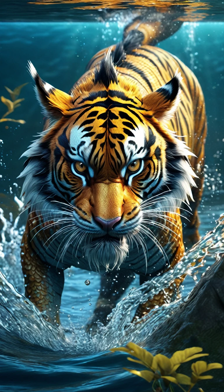 There is a creature in the water,Tiger's head,Chinese dragon long body(best quality,4K,8k,High level,masterpiece:1.2),Ultra Detailed,(lifelike,Photo real,Photo real:1.37),Highly detailed animals,Complex patterns,Realistic lighting,Fantasy Creatures