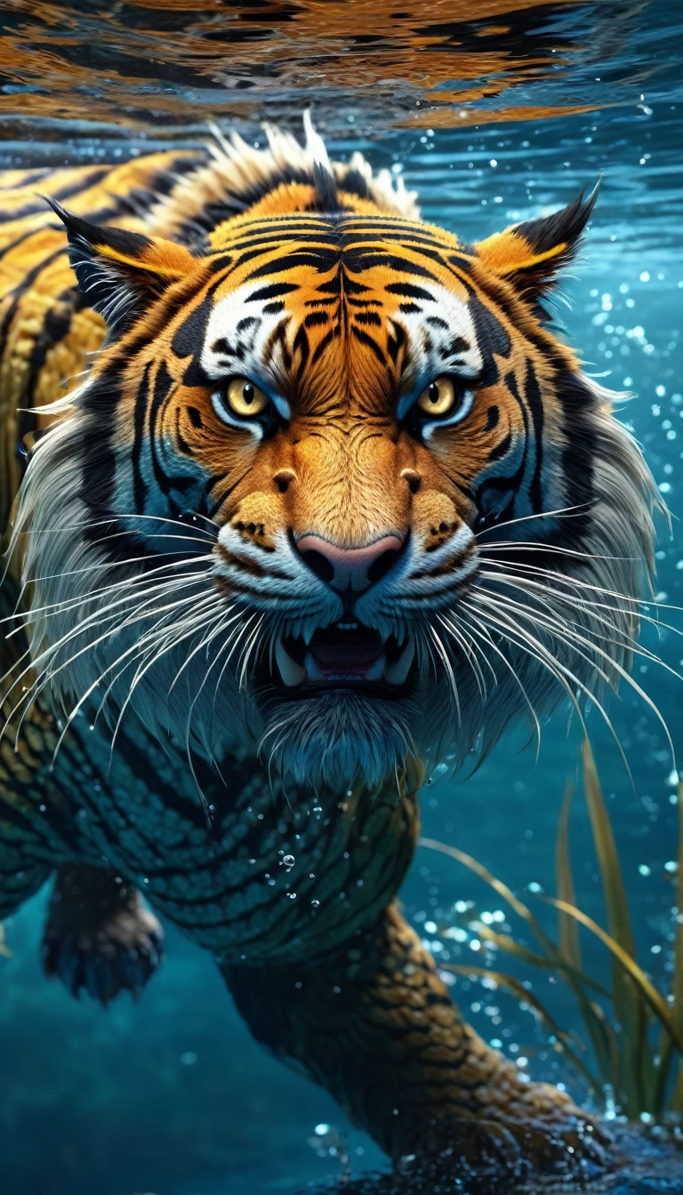 There is a creature in the water，Tiger's head，Chinese dragon long body(best quality，4K，8k，High level，masterpiece：1.2），Ultra Detailed，（lifelike，Photo real，Photo real：1.37），Highly detailed animals，Complex patterns，Realistic lighting，Fantasy Creatures