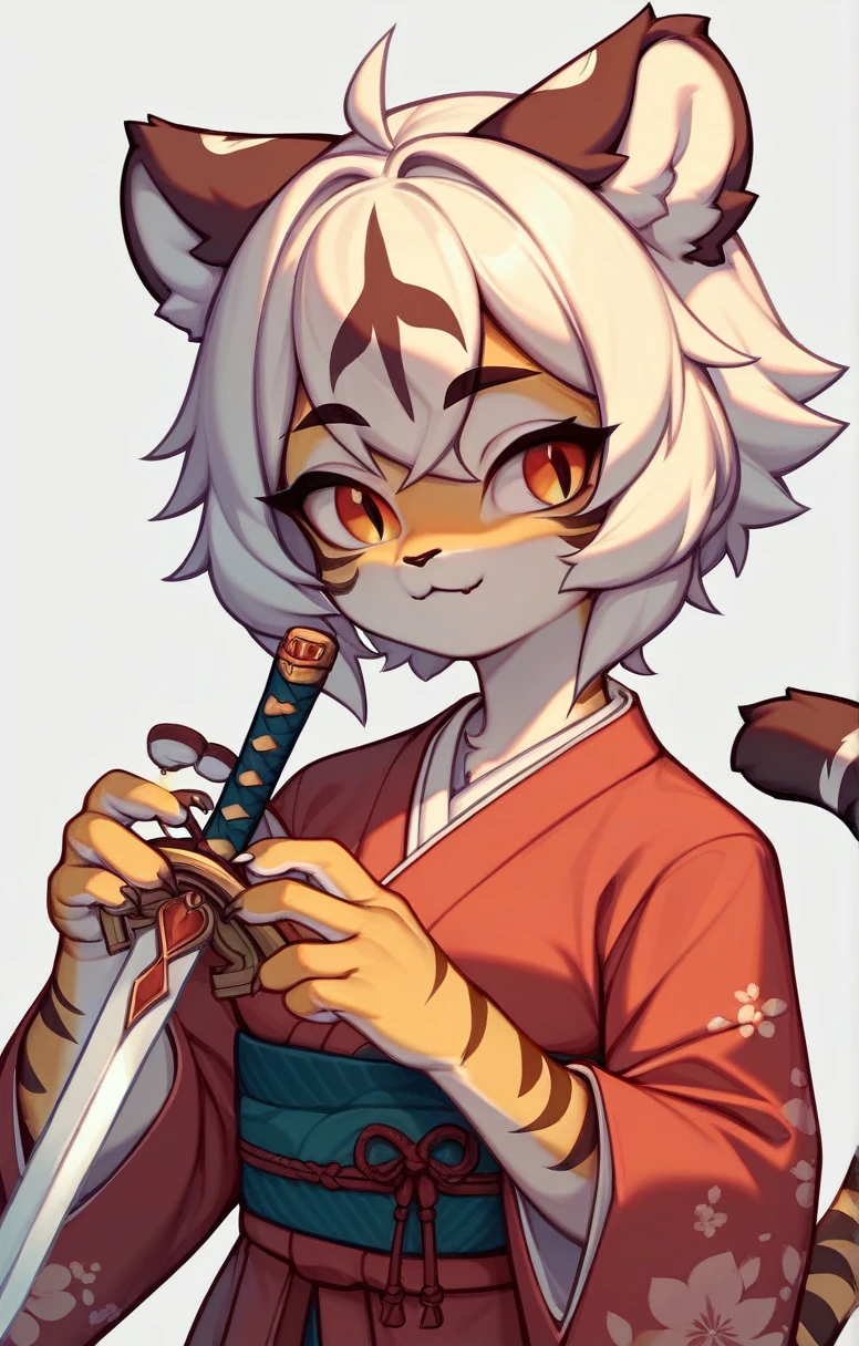 (masterpiece、cute))、((Tiger Girl、Sword in right hand、The left hand does not hold anything、A Cup))、kimono、alone、kemono、Cat girl、Female furry、Background crop、humanoid cheetah、Fantasy、young,