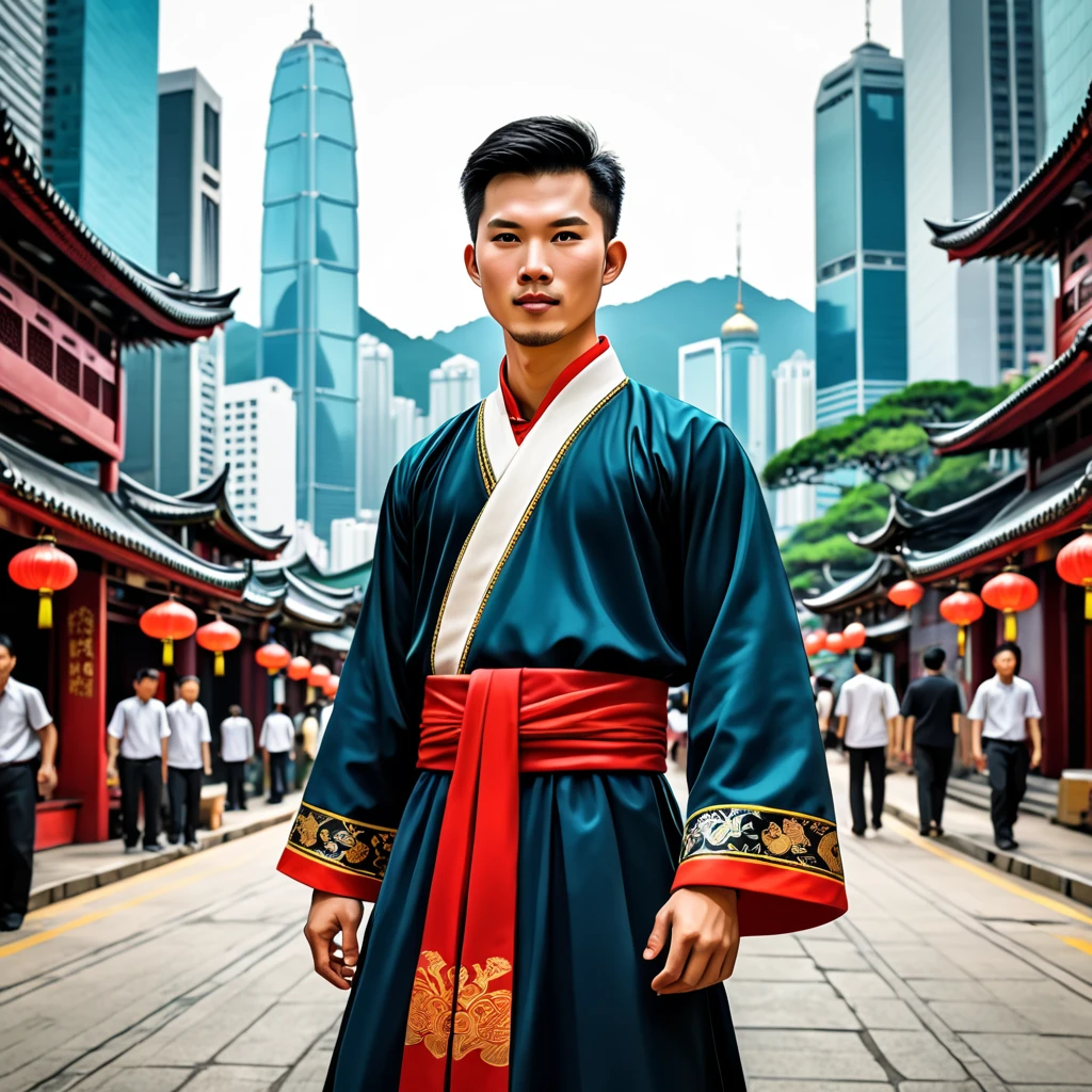 man in hong kong folk outfit, vector graphics, strong contours
