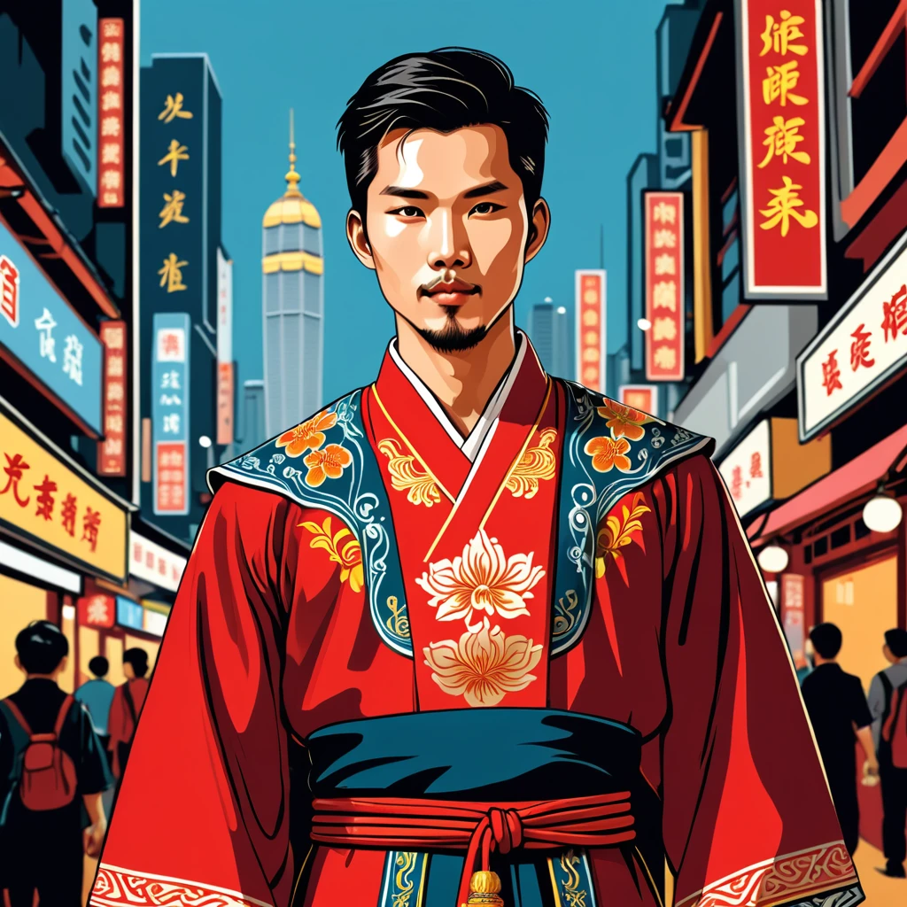 man in hong kong folk outfit, vector graphics, strong contours