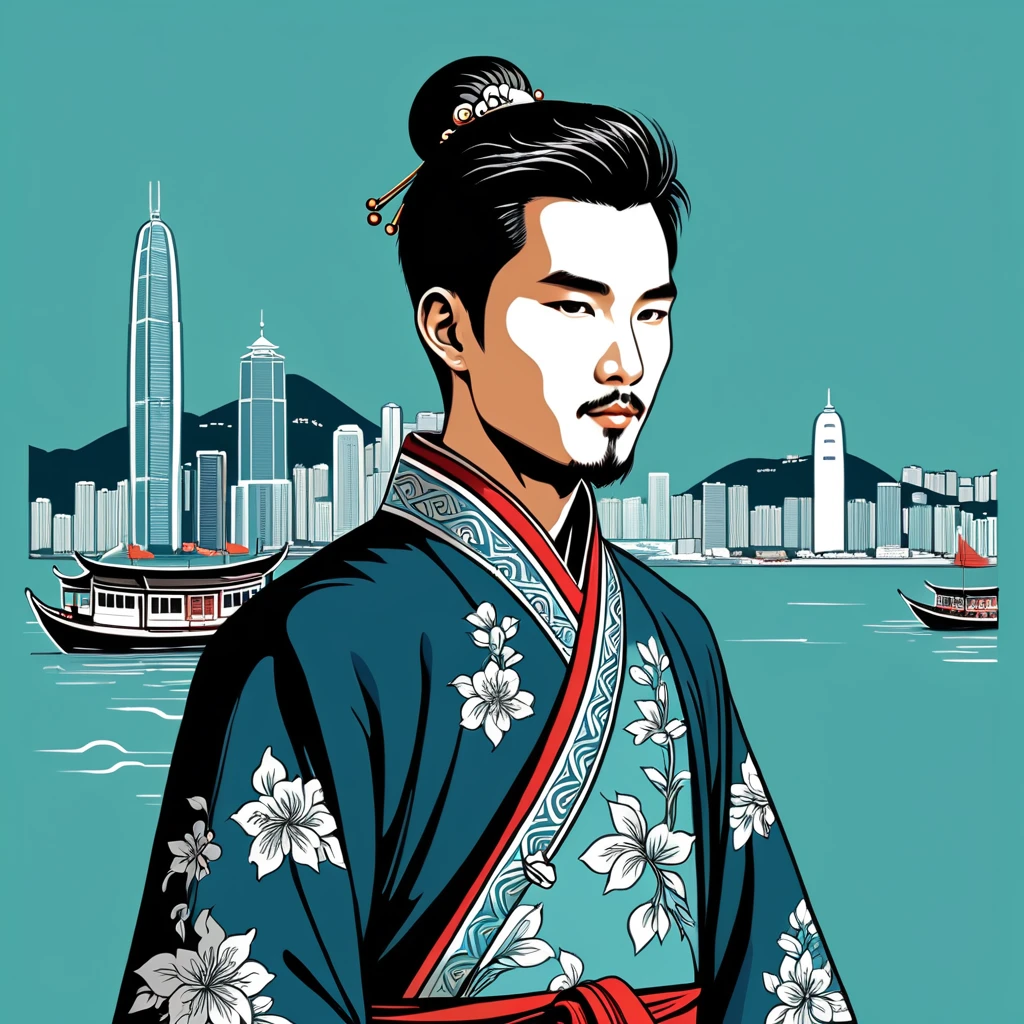 man in hong kong folk outfit, vector graphics, strong contours