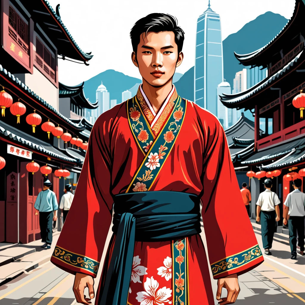 man in hong kong folk outfit, vector graphics, strong contours
