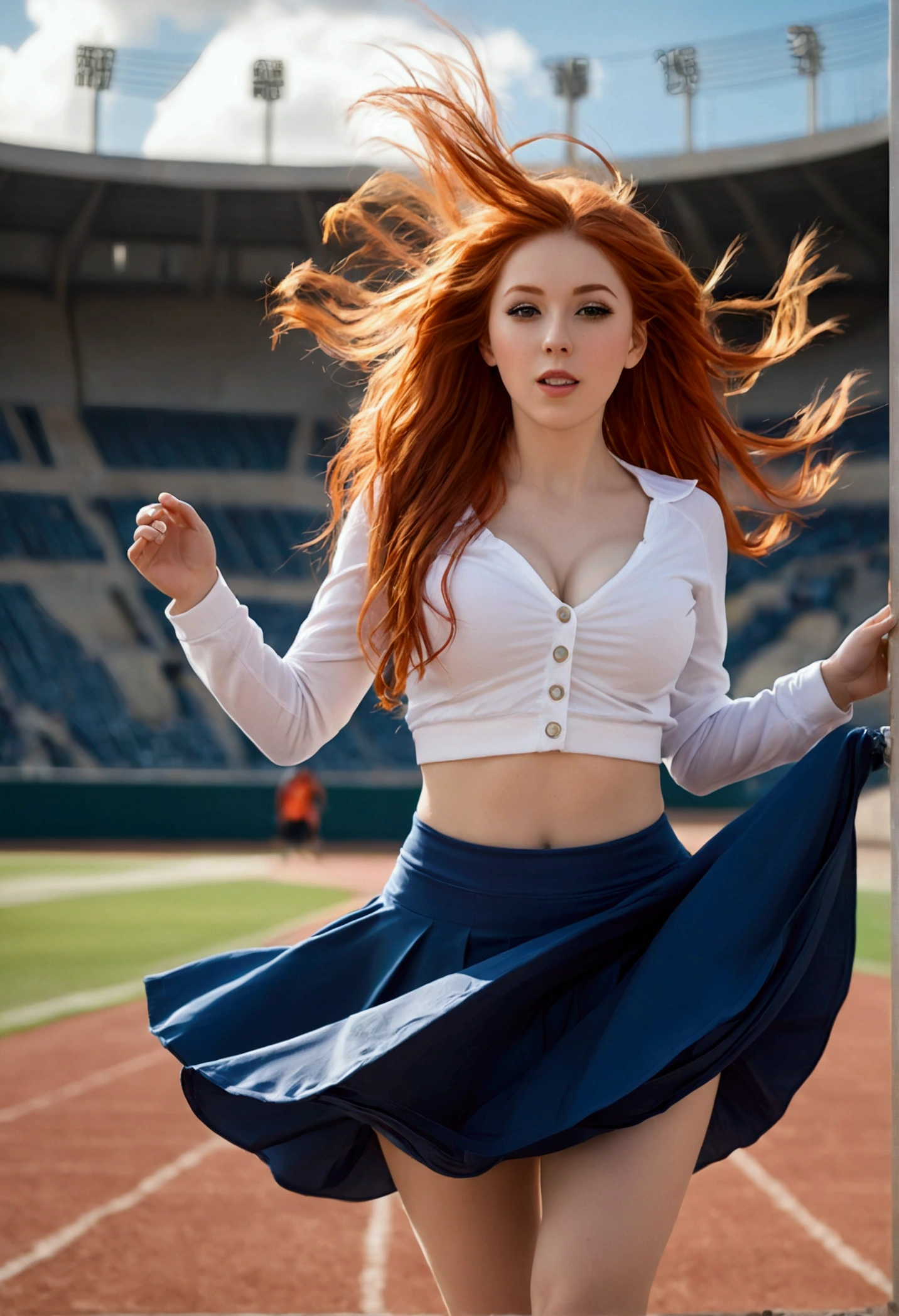 ultra realistic, photography, long red hair, girl, 24 years old, hourglass figure, perfect body, Flirty look, extremely detailed artgerm, in the style artgerm, small breasts, facing the camera, lens 35 mm, blur background, in a stadium, wearing a cheerleader outfit, windy, skirt gets blown up from below, wind under skirt, strong wind, skirt blows up with a strong wind, wind blows up skirt, she is walking towards the camera, her hips are swinging, skirt flowing, skirt flowing in the wind