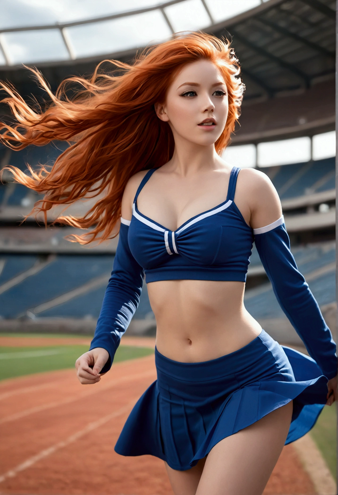 ultra realistic, photography, long red hair, girl, 24 years old, hourglass figure, perfect body, Flirty look, extremely detailed artgerm, in the style artgerm, small breasts, facing the camera, lens 35 mm, blur background, in a stadium, wearing a cheerleader outfit, windy, skirt gets blown up from below, wind under skirt, strong wind, skirt blows up with a strong wind, wind blows up skirt, she is walking towards the camera, her hips are swinging, skirt flowing, skirt flowing in the wind