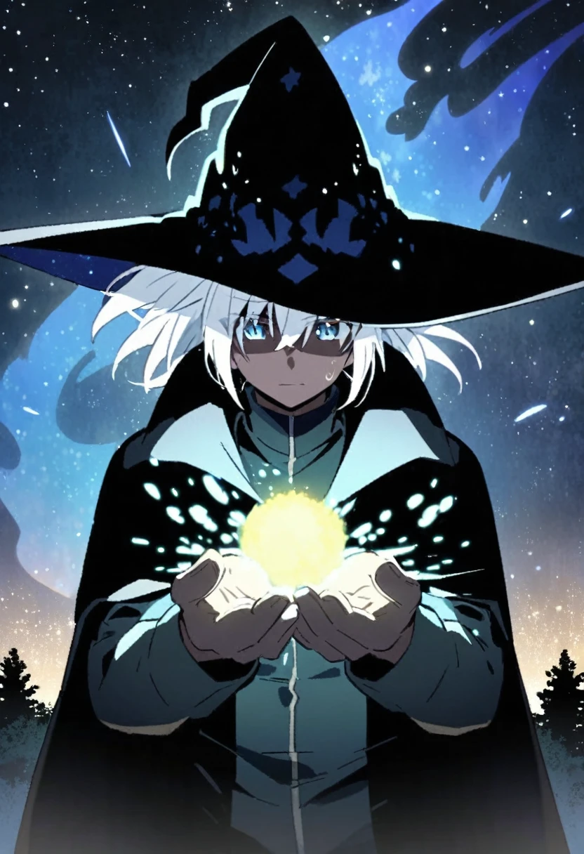 Dark black color skin 2d anime guy with silver hair, wearing a black wizard hat and black cape, magic coming out of his hands, under starry night sky