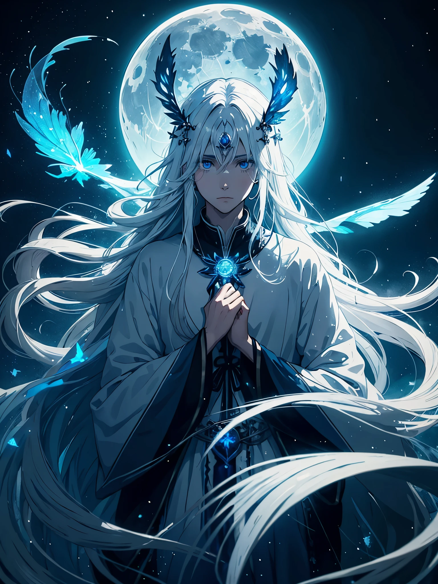 Mehr anime. Mehr 2D. Glow. With blue moth. White crows. Ghosts. lights. magical. Power animals. Spirit. King of the moon. Long hair. long white hair. aquatic, boy, silver hair accessories, White hair, blue flowers. Blue lights. full moon. holy.
