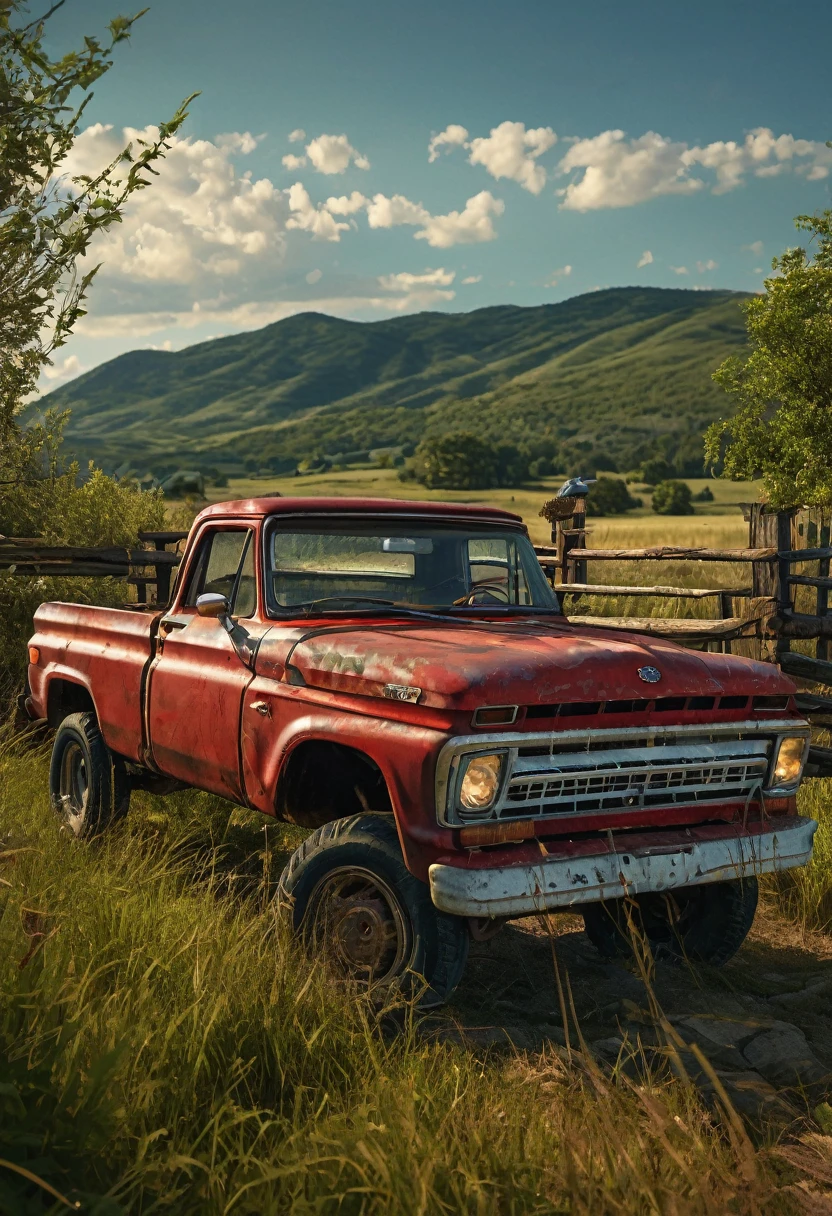 Cinematic, realistic, UHD, A stunning medium range shot photo by Steven Klein of a young supermodel in red flannel shirt and denim pants perched atop an old, weathered blue matte pickup truck. She exudes confidence and grace as she poses barefoot amidst tall wild grass. The rustic fence and quaint farmhouse in the background hint at a serene countryside setting. A majestic mountain row looms in the distance, adding depth and scale to the scene. The overall atmosphere of the photo is natural and serene, capturing the essence of a perfect summer day., photo
