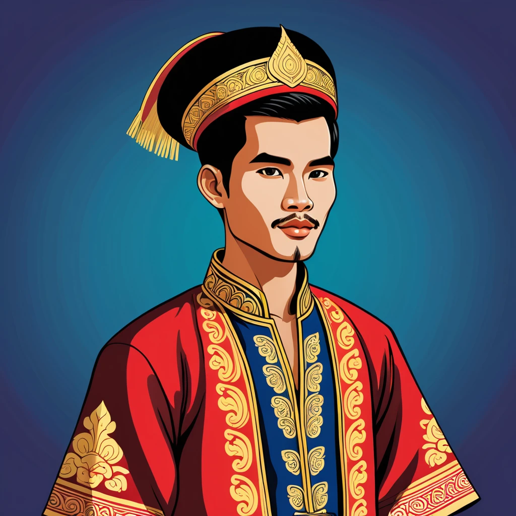 man in laos folk outfit, vector graphics, strong contours
