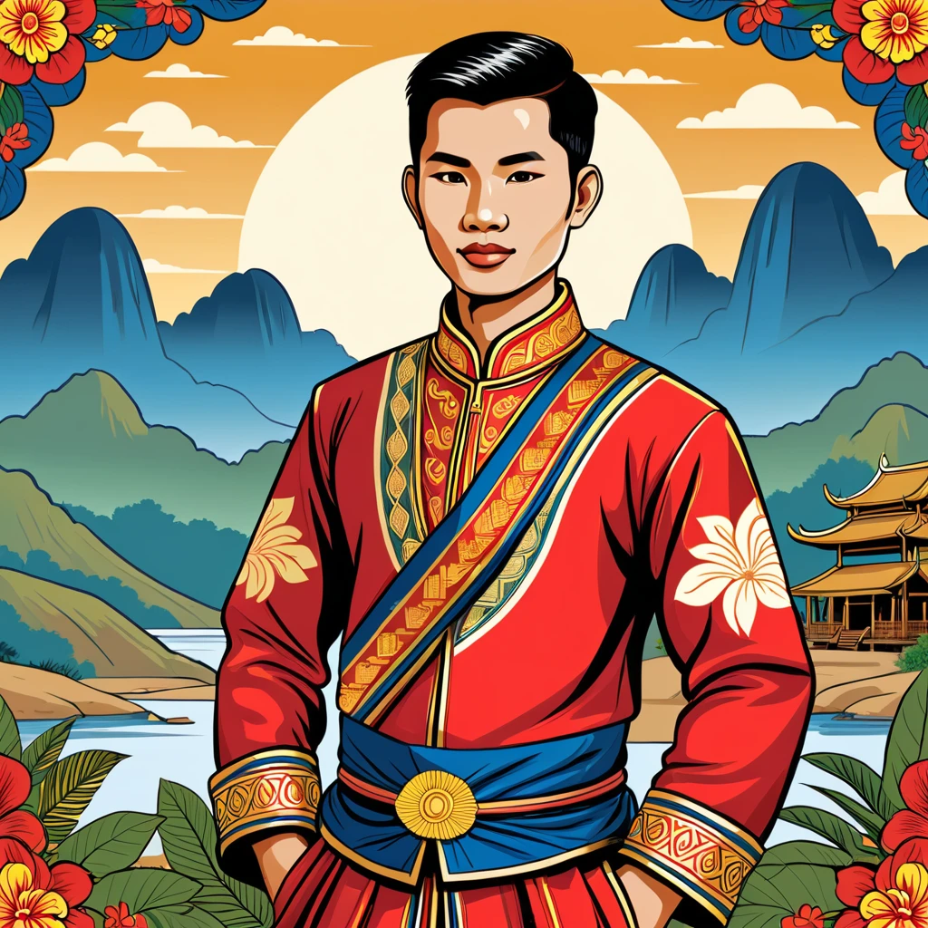 man in laos folk outfit, vector graphics, strong contours