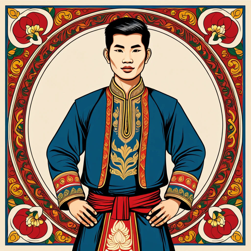 man in laos folk outfit, vector graphics, strong contours
