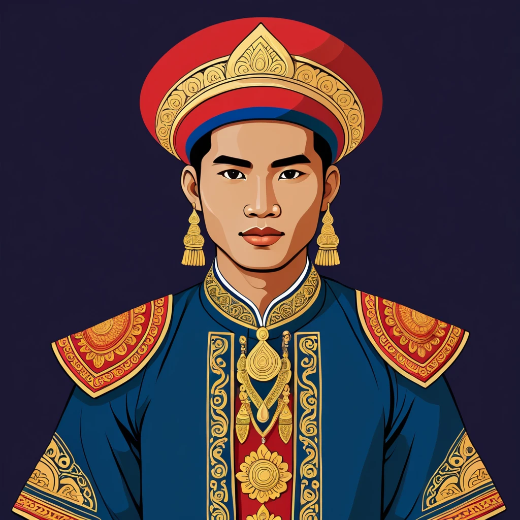 man in laos folk outfit, vector graphics, strong contours