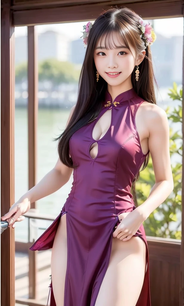 (Highest quality、Ultra-high resolution、８ｋ、masterpiece:1.3)、Beautiful woman with perfect figure、Black Hair、((Purple Chinese Dress))、Seaside、Seasideの教会、Resort、cute、Highly detailed face and skin、Detailed eyes、double eyelid、Thin legs、The best smile、(((１people)))、(左手でpeople差し指を立てます)、((Your whole body is in the viewer))、The best smile、Extraordinary beauty、Age１４age、Look forward、Perfect Proportions、(dragon pattern cheongsam)、widen the slit、Hair length、Long slit、(((((Girl lifts her slit to show her pussy)))))、(((Visible)))、((((Show me your pussy))))、((A woman lifting her slit to show her pussy))、