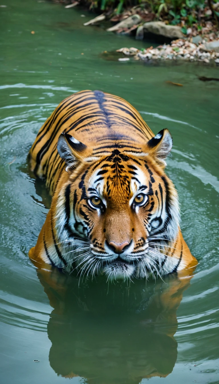 There is a creature in the water，Tiger&#39;s head，Chinese dragon long body(best quality，4K，8k，High level，masterpiece：1.2），Ultra Detailed，（lifelike，Photo real，Photo real：1.37），Highly detailed animals，Complex patterns，Realistic lighting，Fantasy Creatures