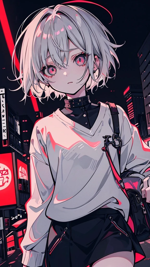 a picture of a women 20 years old short white hair standing in front of a red light, Candid Photography, Gray-haired deity, Gap Moe Yandere grimdark, dynamic poses, Gray-haired girl, Crushing Despair, Flowing white hair, short Hair Anime Girl, perfect Gray-haired girl