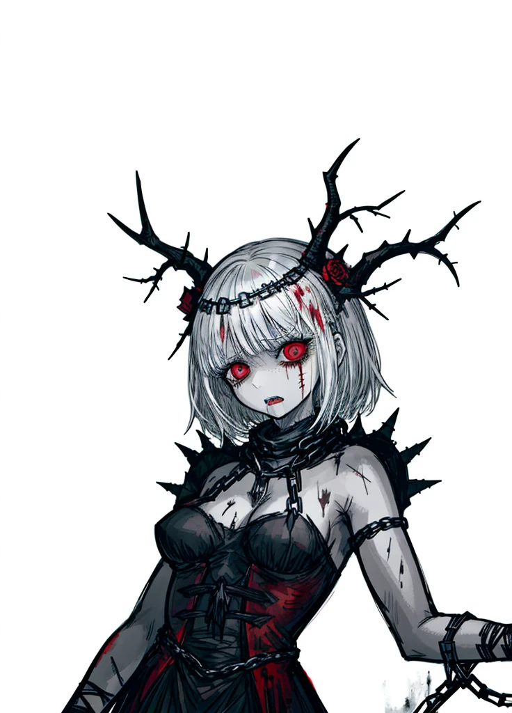 1girl,Alure, driade, thorns, White Hair, blood tears, dark circles under eyes, cursed,(blood covered, chains), scar covered, (high resolution, high detail, best quality), pain, scream