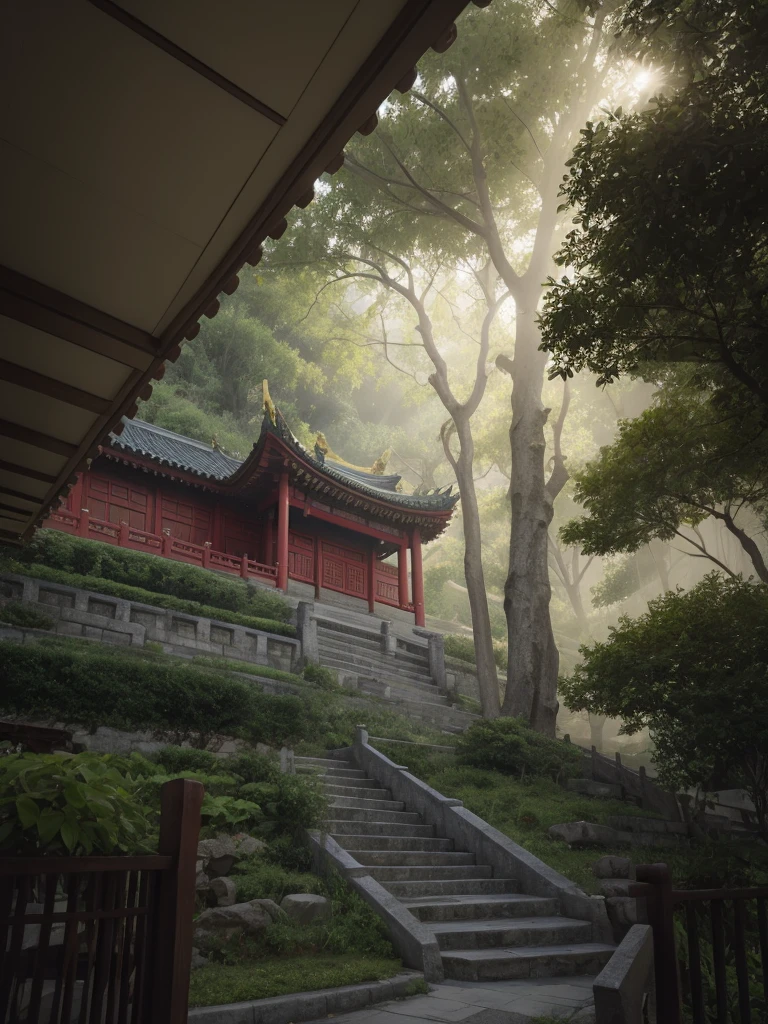 (RAW Photo: 1.2), highest quality, ultra-high resolution, depicting a traditional Chinese building—a temple. It stands on a hillside, surrounded by trees and a natural setting. The roof design showcases traditional Chinese architecture with upturned eaves, a striking contrast between the yellow roof tiles and the dark red walls and pillars.

In the foreground, a staircase made of stone leads up to the structure, bordered by railings. The entire scene is enveloped in a soft mist, lending an air of mystery and peacefulness. The sky is gloomy, as if it had recently rained. The atmosphere is cinematic, captured by a Canon camera.