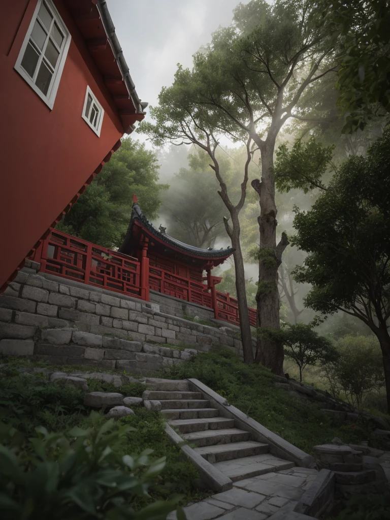(RAW Photo: 1.2), highest quality, ultra-high resolution, depicting a traditional Chinese building—a temple. It stands on a hillside, surrounded by trees and a natural setting. The roof design showcases traditional Chinese architecture with upturned eaves, a striking contrast between the yellow roof tiles and the dark red walls and pillars.
In the foreground, a staircase made of stone leads up to the structure, bordered by railings. The entire scene is enveloped in a soft mist, lending an air of mystery and peacefulness. The sky is gloomy, as if it had recently rained. The atmosphere is cinematic, captured by a Canon camera.