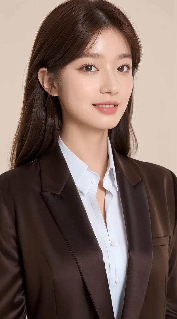 ((top-quality、8k、tmasterpiece:1.3))、HR manager women :1.4、((dark brown hair、formal clothes:1.2))、white background:1.2、Highly Detailed Face and Skin Textur、Detailed eyes、double eyelid, smile showing teeth, 7 more kilograms