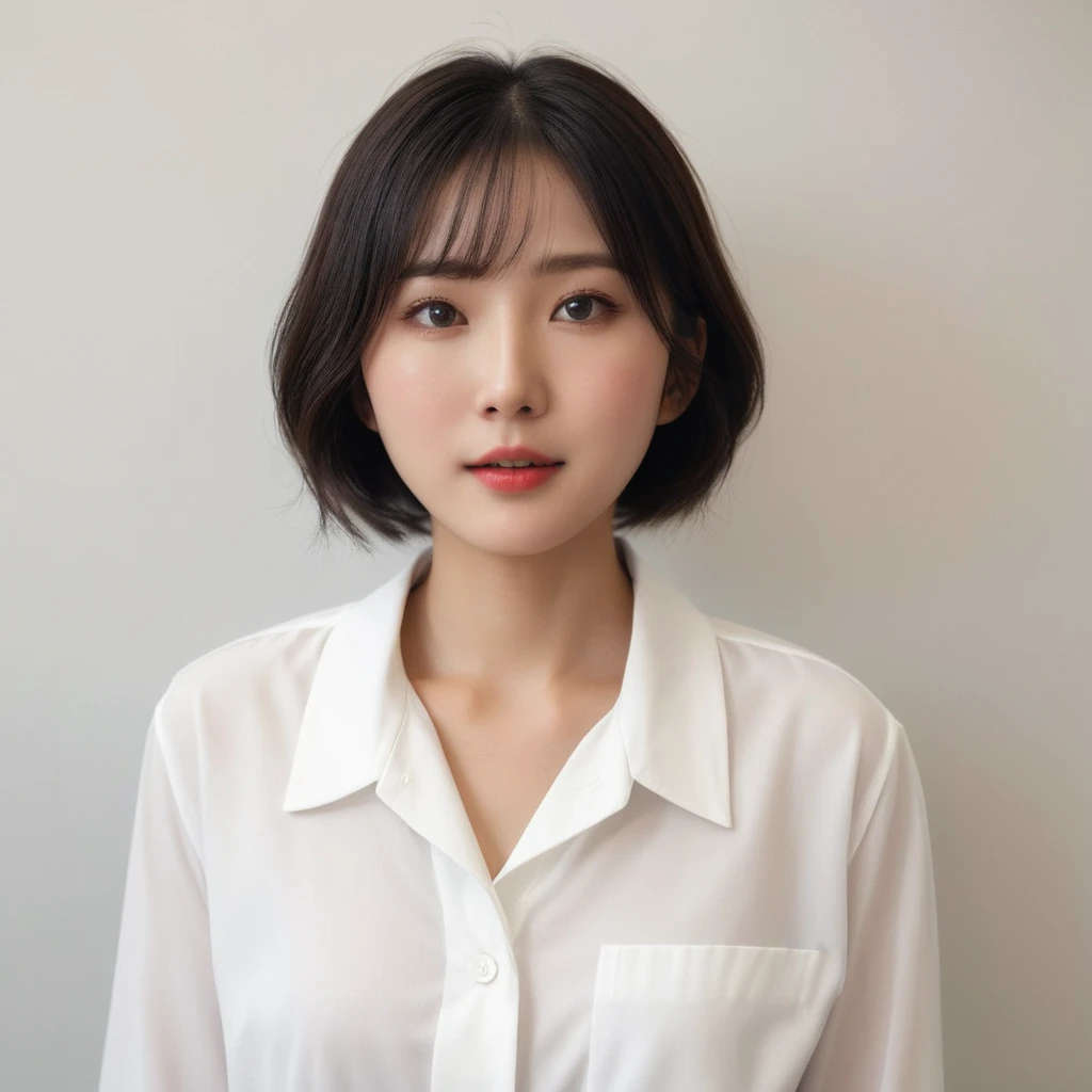 Best Quality, 8k, Masterpiece, (Portrait: 1.3), (photo realistic:1.4), (hyper realistic:1.4), Sharp Focus, looking at viewer, (smoother lighting:1.1), (increase cinematic lighting quality:0.9), realistic lighting, backlighting, light on face, ray trace, (brightening light:1.2), (Increase quality:1.4), sharp detail, (best quality real texture skin:1.4), finely detailed eyes, black_eyes, finely detailed face, 25 year old Korean woman, (white formal_shirt:1.4), (Create an image maintaining the original base model hairstyle:1.5),charmed_face