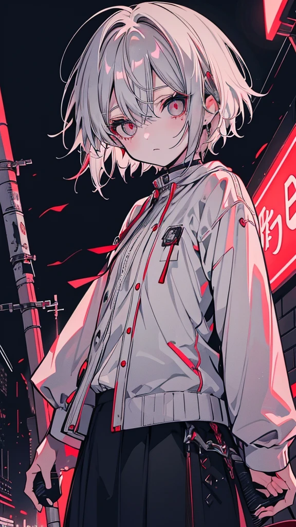 a picture of a women 20 years old short white hair standing in front of a red light, Candid Photography, Gray-haired deity, Gap Moe Yandere grimdark, dynamic poses, Gray-haired girl, Crushing Despair, Flowing white hair, short Hair Anime Girl, perfect Gray-haired girl