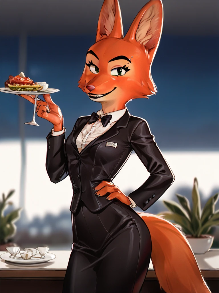 score_9, score_8_up, score_7_up, score_6_up, score_5_up, score_4_up, 
Diane_Foxington, ginger fur, emerald eyes, black lipstick, black eyebrows, silver piercings on eyebrow, fox tail, (((black skirt suit))), (((tuxedo))), (((three-piece suit))), (((dress shirt))), (((black bowtie))), (((black blazer))), (((dinner jacket))), ((waistcoat)), double-breasted waistcoat, (((satin bodycon miniskirt))), pocket square, cufflinks, smirk, looking at viewer, 
