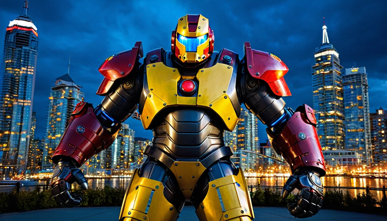 Supersized mech suit ready for battle, battle pose, full body shot, Vancouver Canada, high-quality artwork, metal armour, intense lighting, cityscape background, heroic pose, dramatic shadows, carbon fiber suit with black and red paint job and yellow neon lights, hockey helmet with blue visor, video game, blue electric fists, hulkbuster with goalie hockey mask design, Red "V" on chest