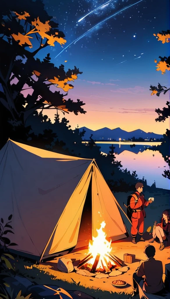 (high quality, 8k, 4K, High Contrast, masterpiece:1.2, 最high quality, Best aesthetics), campfire, night lakeside, Tents and camping gear, Firefighter, A person stuffing their face with food, Man standing next to a tent, smile, Look up at the starry sky, Fun time, Spacious, Soft bonfire light, Best memories,
