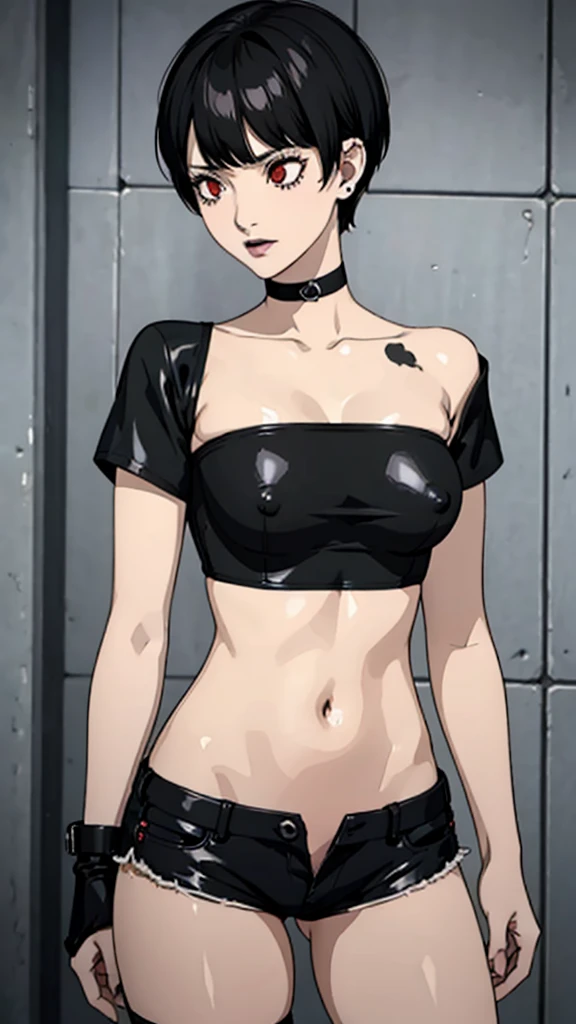 1girl, serious face, red eyes, tomboy Pixie haircut, very Short hair, black hair, black choker, white micro top bandeau, belly, medium breast, extreme micro shorts, stockings, black lipstick, black lipstick ear piercings, cowboy shot, covered nipples