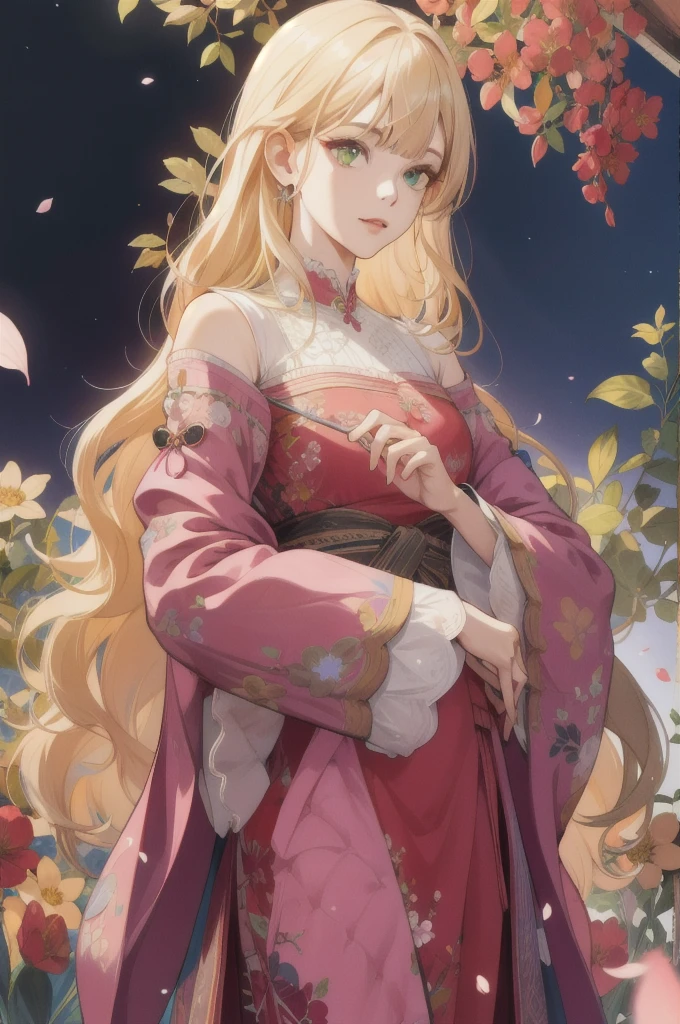 (absurdres, highres, ultra detailed), 1girl, mature female, wavy blonde hair, long hair, blunt bangs, green eyes, pink dress, finely detailed eyes and detailed face, extremely detailed CG unity 8k wallpaper, intricate details, BREAK , kaleidoscopic imagery, symmetrical patterns, vibrant colors, geometric shapes, mesmerizing designs, optical illusions, dynamic composition BREAK , pantomime art, expressive body language, silent storytelling, evocative gestures, visual narratives, theatrical performances BREAK , blooming flowers, colorful petals, fragrant scents, nature's bounty, vibrant gardens, peaceful scenery