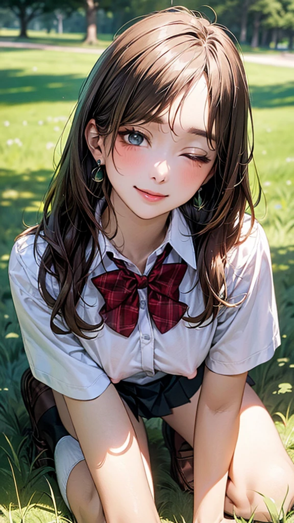 (masterpiece:1.2, top-quality), (realistic, photorealistic:1.4), beautiful illustration, (natural side lighting, movie lighting),
looking at viewer, cowboy shot, front view:0.6, 1 girl, japanese, high school girl, perfect face, cute and symmetrical face, shiny skin,
(long hair:1.8, straight hair:1.7, light brown hair), parted bangs, emerald green eyes, long eye lasher, (large breasts:0.9, thick thighs),
beautiful hair, beautiful face, beautiful detailed eyes, beautiful clavicle, beautiful body, beautiful chest, beautiful thigh, beautiful legs, beautiful fingers,
((, white collared shirts, black pleated mini skirt, black socks, brown loafers, red bow tie)), break, hoop ring earrings, pink panties, dark blue violet In the grass of a meadow, a girl is on all fours. She is clinging to a large dog on her back. The bottom half of the big dog is pressed against the bottom half of the girl's body.
Her face is bright red, her brow is furrowed, her eyes are closed, her mouth is open, and she looks delighted. Her nipples are standing up.
(The skirt is very short).