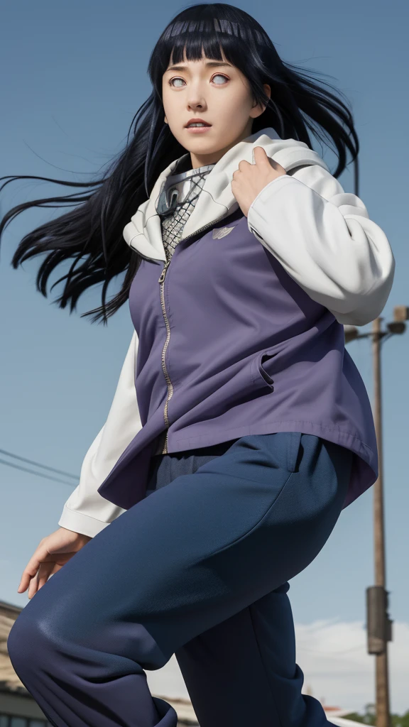 masterpiece, absurdres, 1girl, hinata\(shippuden\), solo,hooded jacket, fishnets, headband around neck, looking at viewer, floating hair, wind, blue pants,