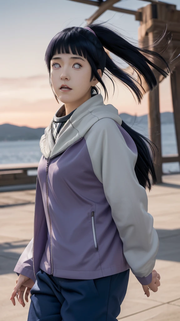 masterpiece, absurdres, 1girl, hinata\(shippuden\), solo,hooded jacket, fishnets, headband around neck, looking at viewer, floating hair, wind, blue pants,