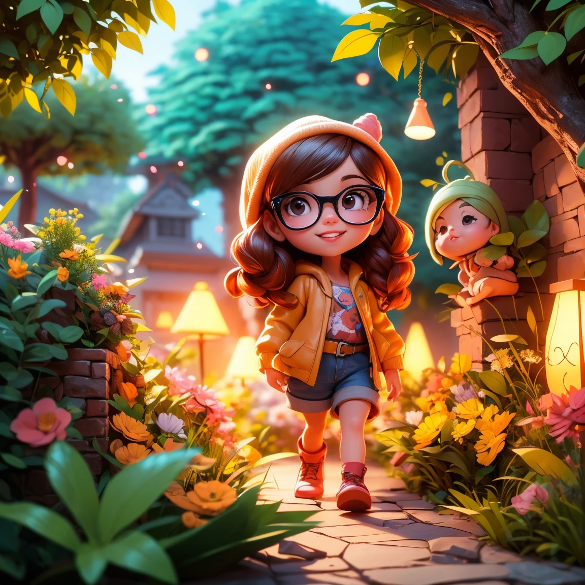 (best qualityer, 4K, 8k, high resolution, work of art:1.2), ultra detali, (realisitic, photorealisitic, photo-realisitic:1.37), playful, animated cartoon, Kizi, cute smile, open air, 3D rendering, beautiful detailed black eyes, beautiful detailed small lips, extremely detailed eye and face, black round glasses, soft lighting, summer scenery, grama verde, lively atmosphere