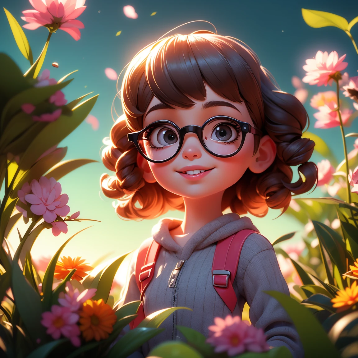 (best qualityer, 4K, 8k, high resolution, work of art:1.2), ultra detali, (realisitic, photorealisitic, photo-realisitic:1.37), playful, animated cartoon, Kizi, cute smile, open air, 3D rendering, beautiful detailed black eyes, beautiful detailed small lips, extremely detailed eye and face, black round glasses, soft lighting, summer scenery, grama verde, lively atmosphere